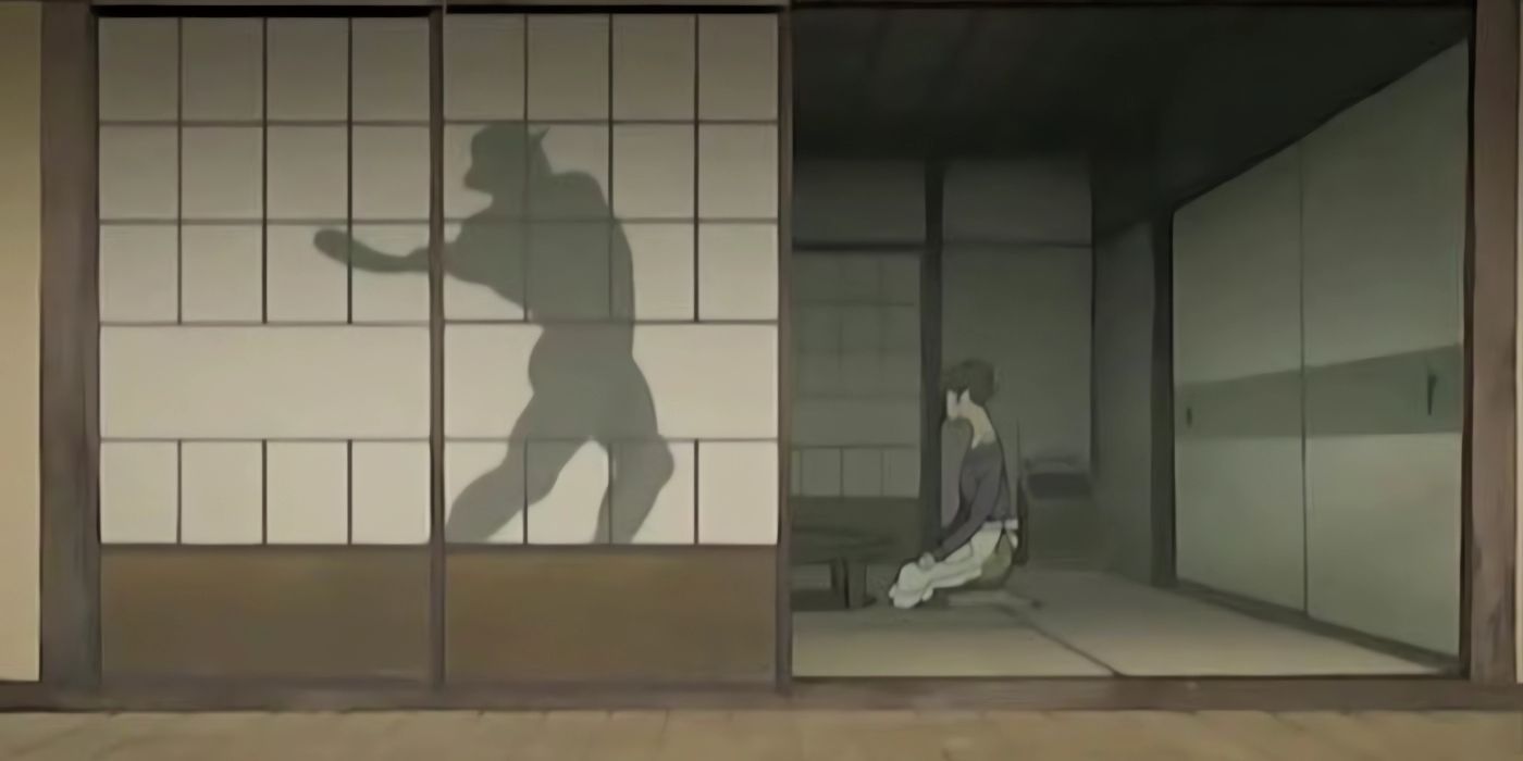 The Shadow of Lil Slugger about to kill a sick woman who is sitting in front of him. 