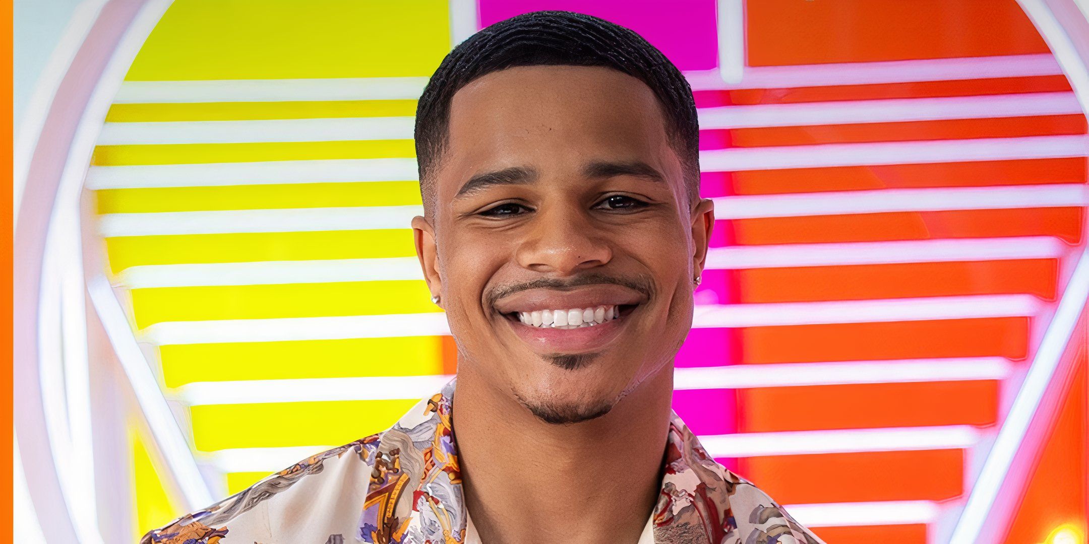 love island usa star ace greene smiling in a close up with striped background