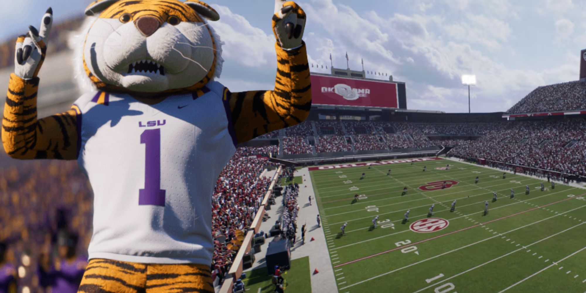 LSU's Mascot from CFB 25 over an image of Oklahoma's stadium from CFB26