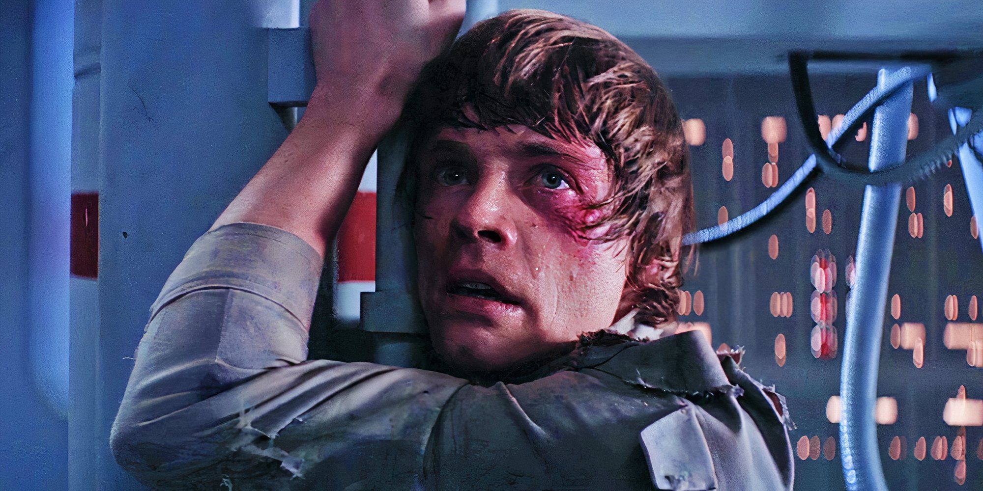 Luke Skywalker (Mark Hamill) looks shocked as he reacts to Darth Vader revealing the truth about his parentage.