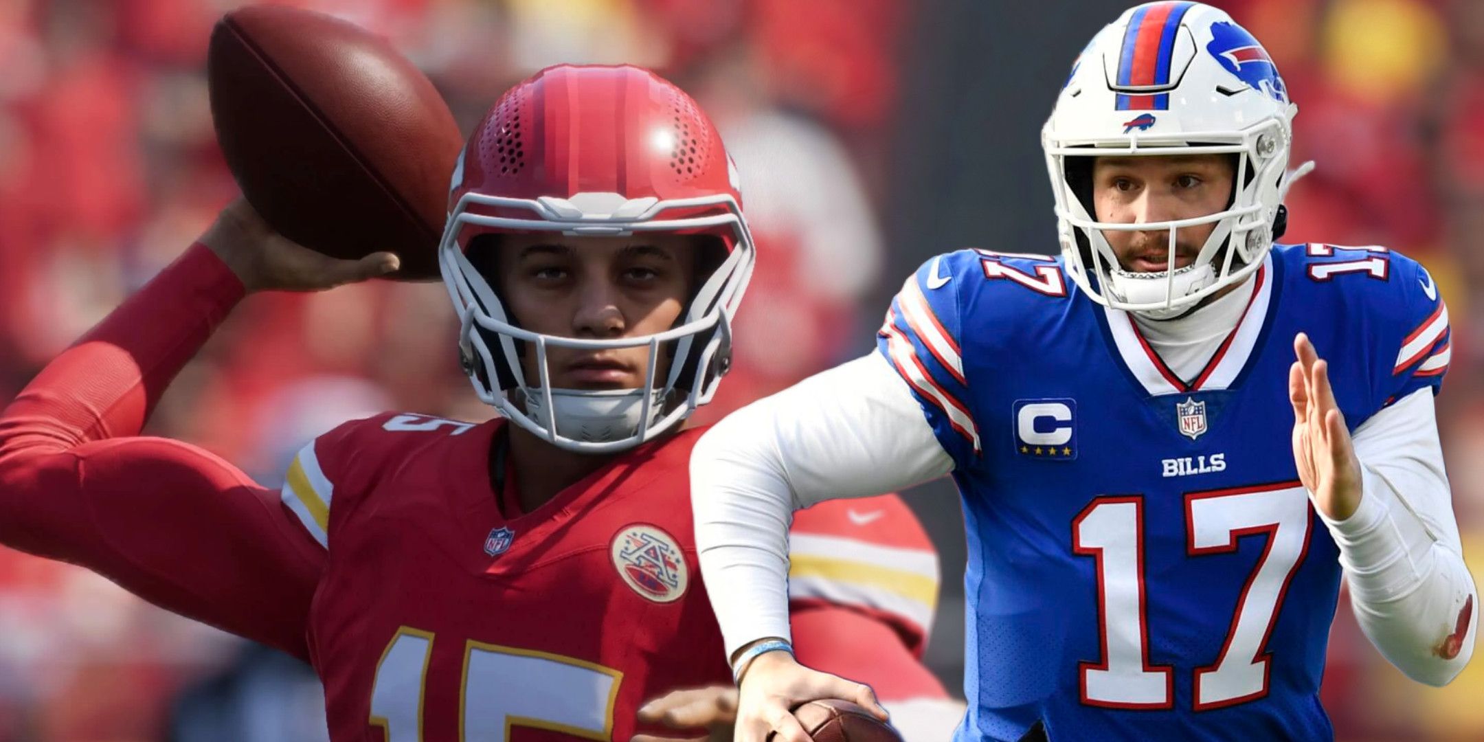Madden NFL 26: Josh Allen e Patrick Mahomes correndo e lançando a bola