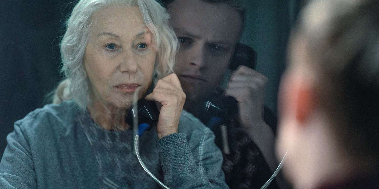 Maeve (Helen Mirren) and Eddie (Anson Boon) talking in prison in MobLand season 1 episode 10