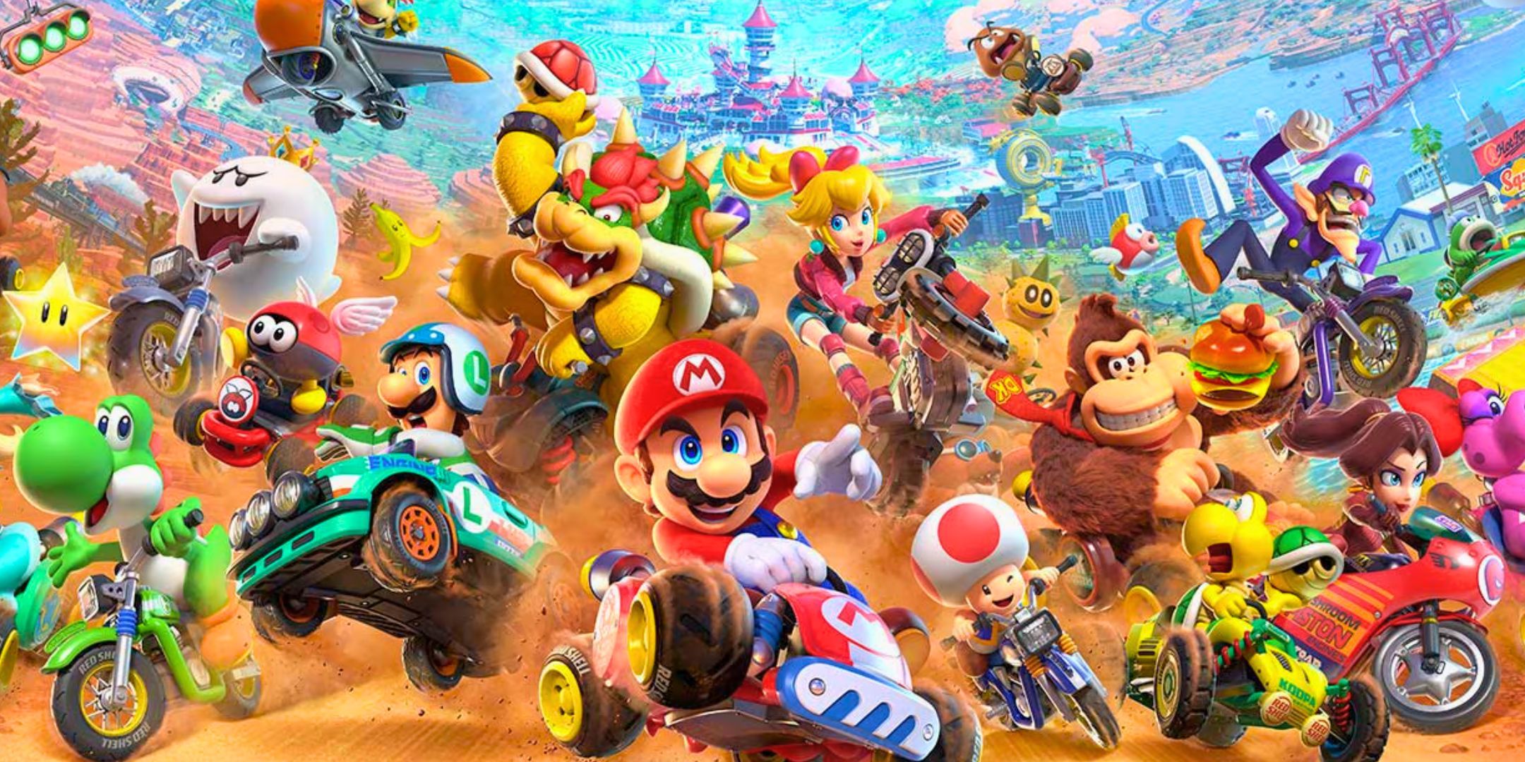 Mario Kart World key artwork showing lots of racers on a track
