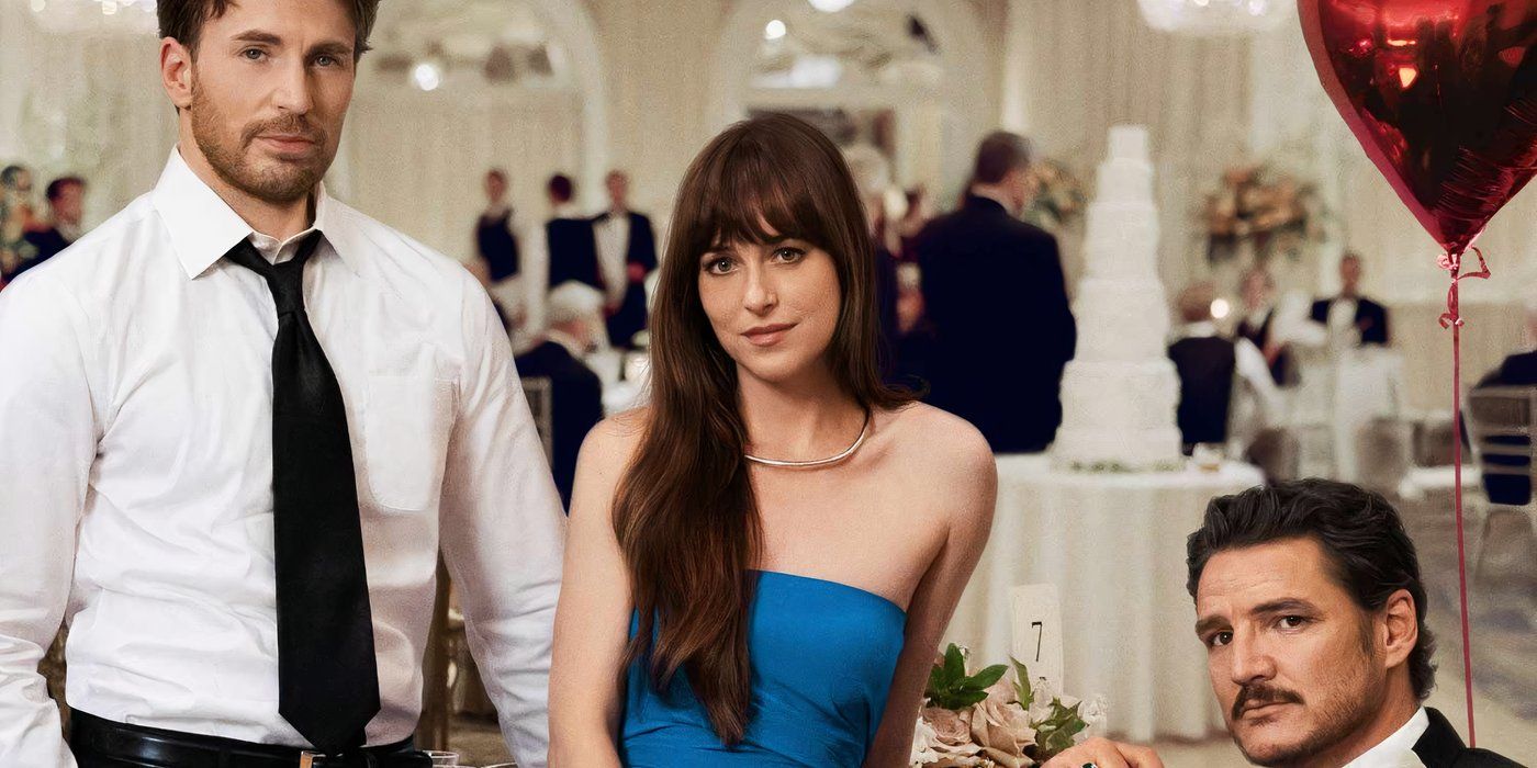 Pedro Pascal, Dakota Johnson, and Chris Evans attend a wedding in Materialists