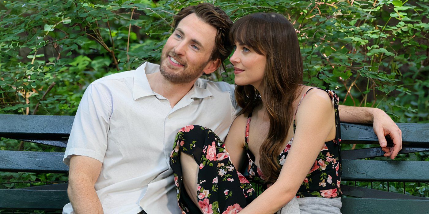Lucy and John sitting at a bench smiling in Materialists