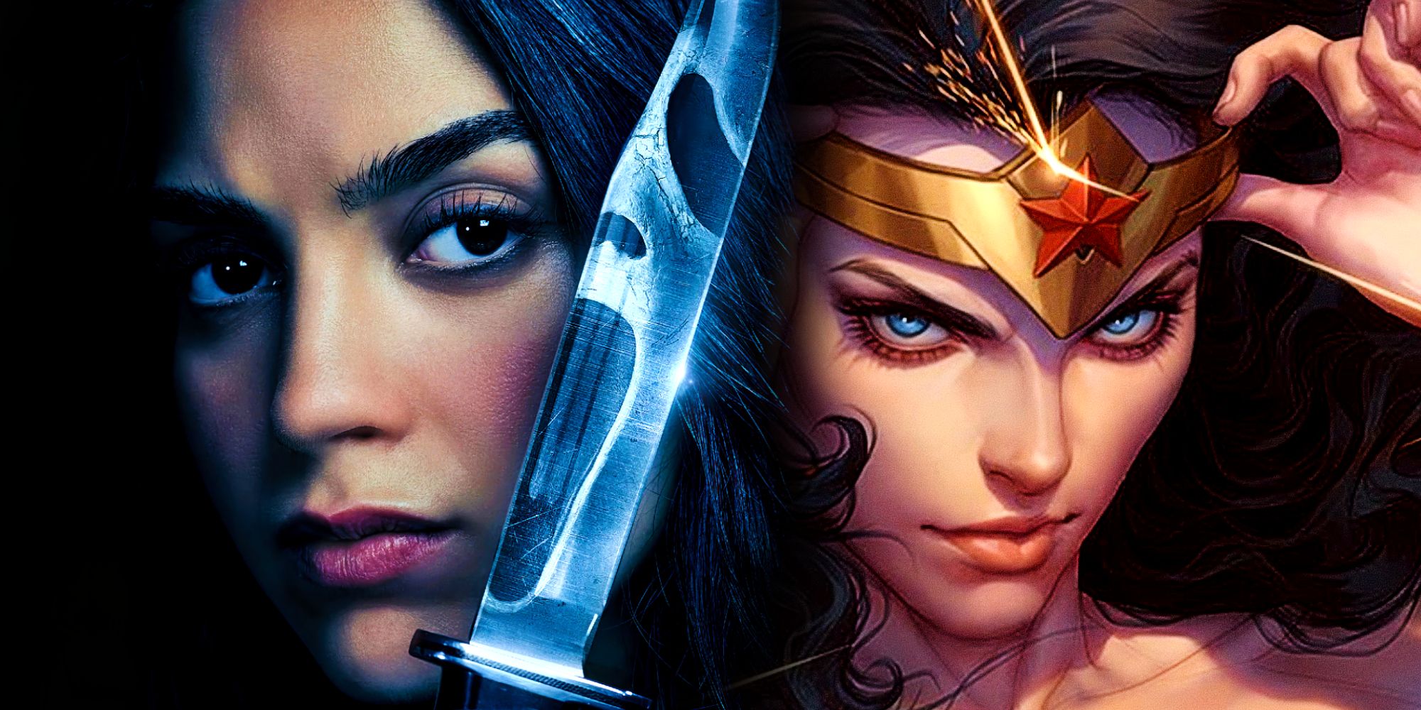 Melissa Barrera's Sam Carpenter wields a blade in Scream VI and Wonder Woman adjusts her tiara in DC Comics
