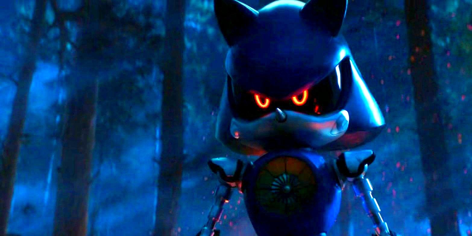 Metal Sonic with glowing red eyes in a dark forest in Sonic the Hedgehog 3