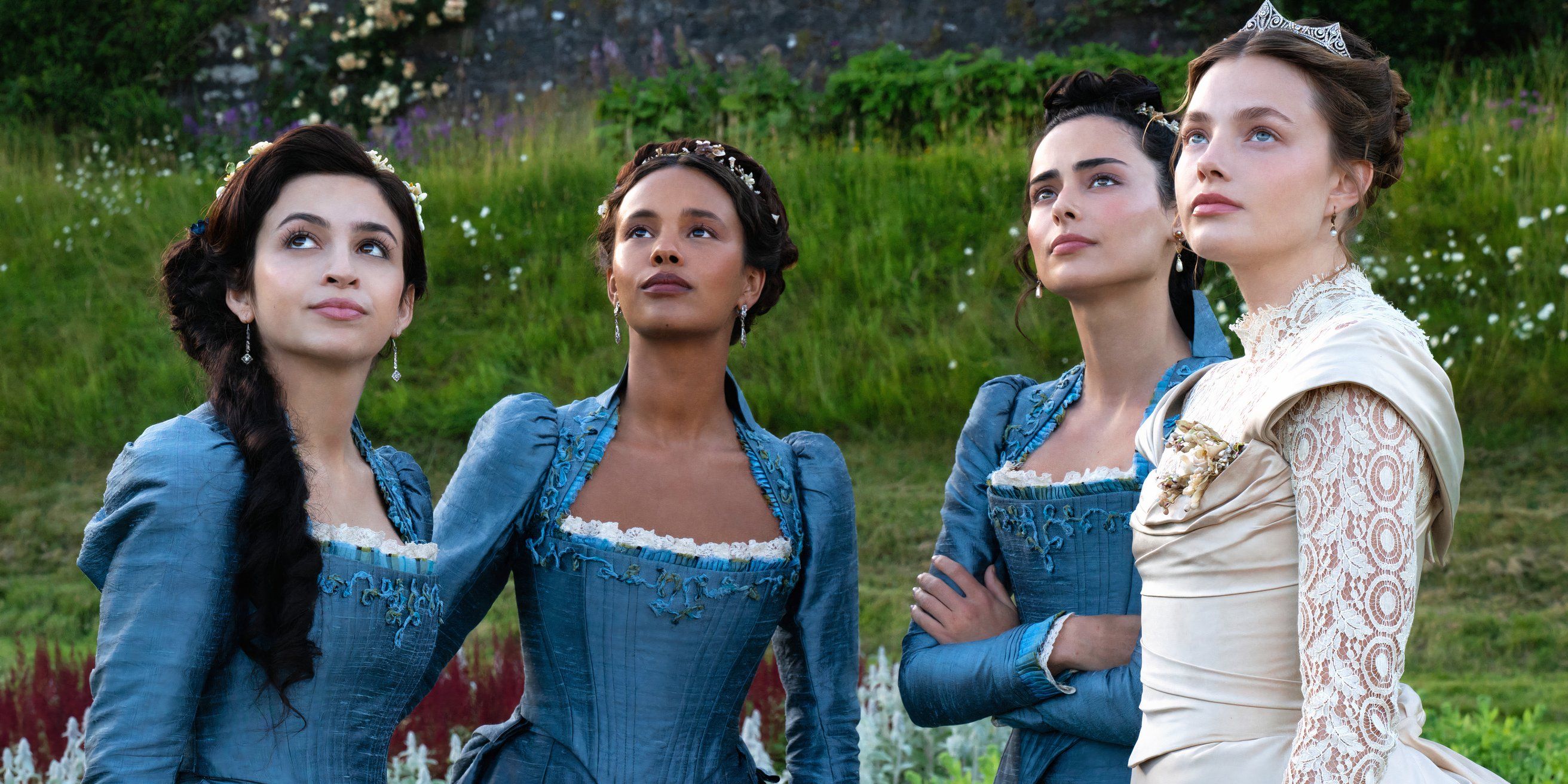 Nan, Mable, Conchita, and Lizzy on Nan's wedding day in The Buccaneers season 2