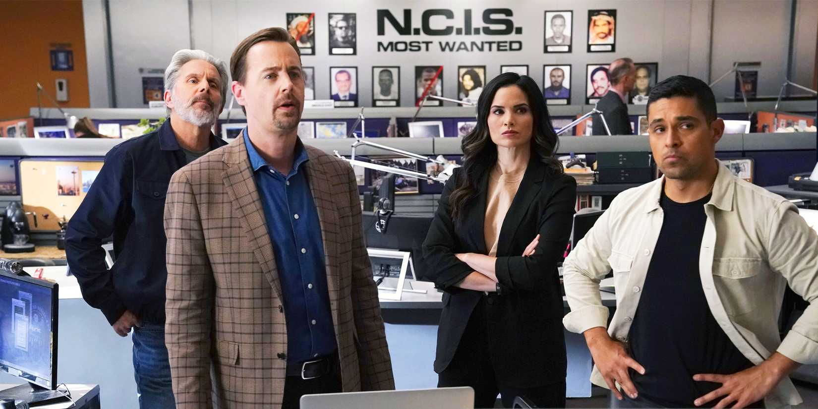 NCIS season 22 cast, left to right: Gary Cole as Alden Parker, Sean Murray as Tim McGee, Katrina Law as Jessica Knight, and Wilmer Valderrama as Nick Torres