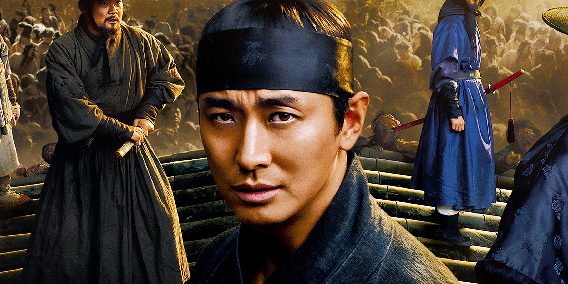 Image of Ju-ji-hoon looking serious with the cast of Kingdom
