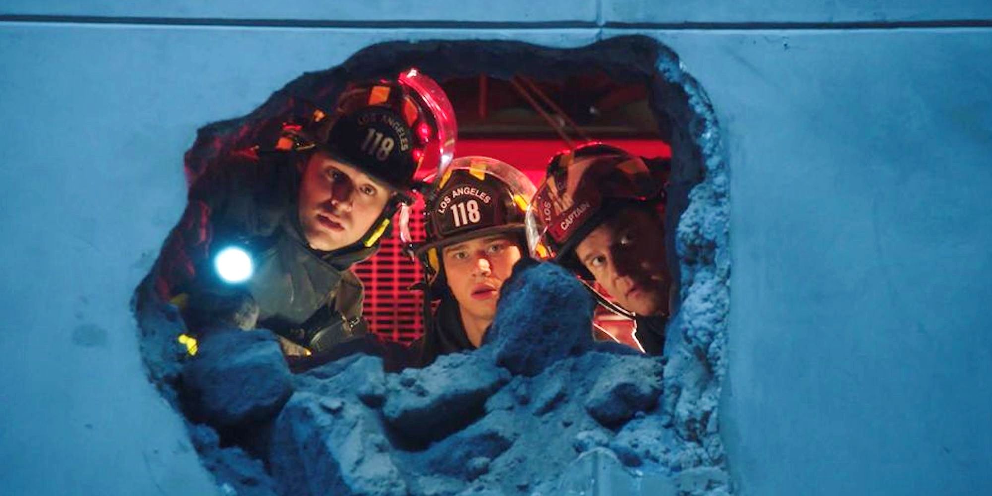 Eddie Diaz (Ryan Guzman), Evan Buckley (Oliver Stark), and Bobby Nash (Peter Krause) in 9-1-1 season 2, episode 15.