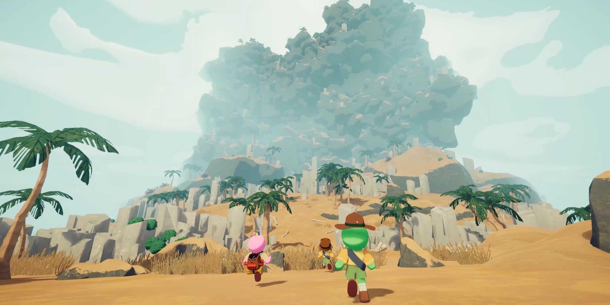 Peak characters walk on a beach toward the mountain they want to climb.