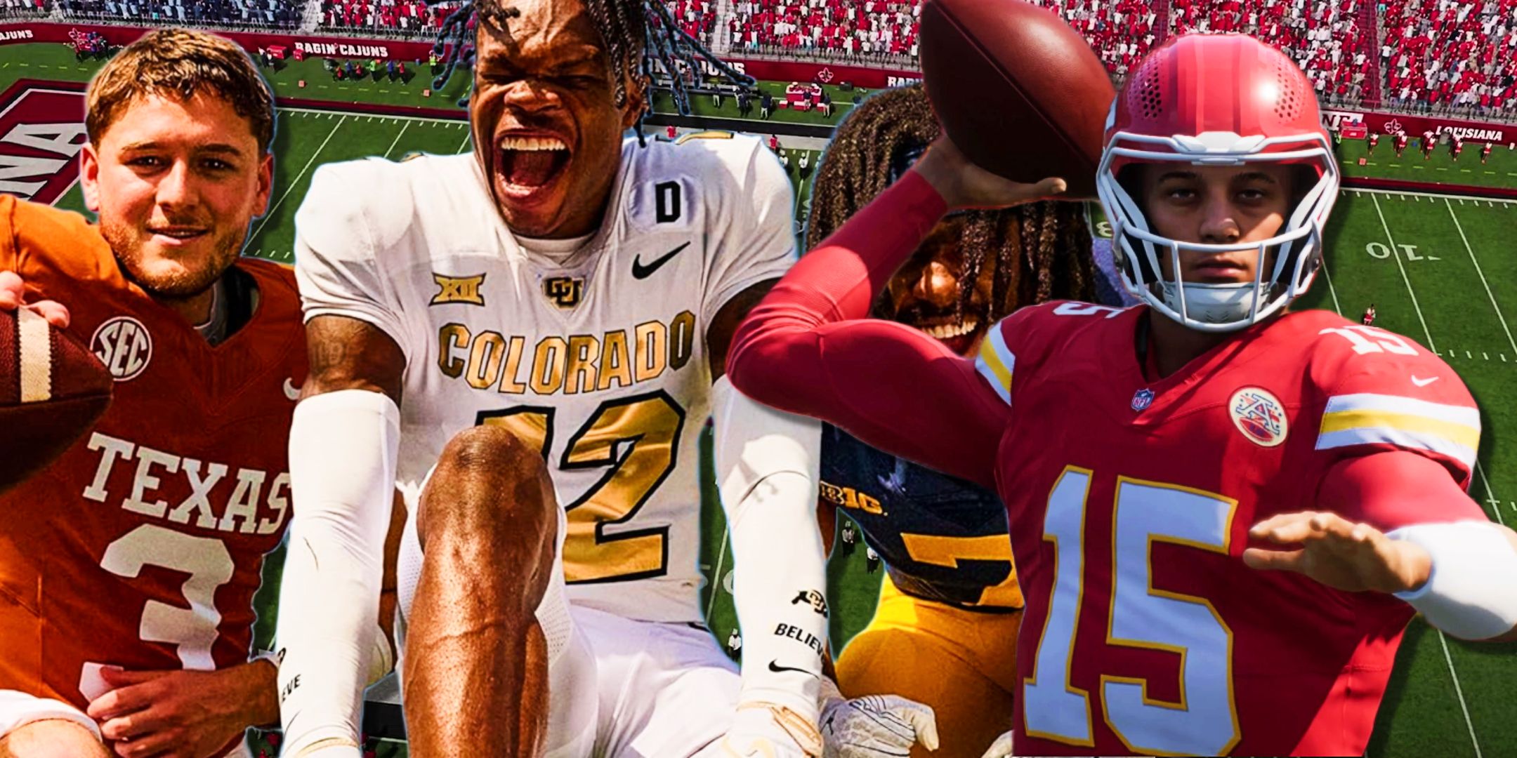 Players from CFB and Madden 26 on the field.