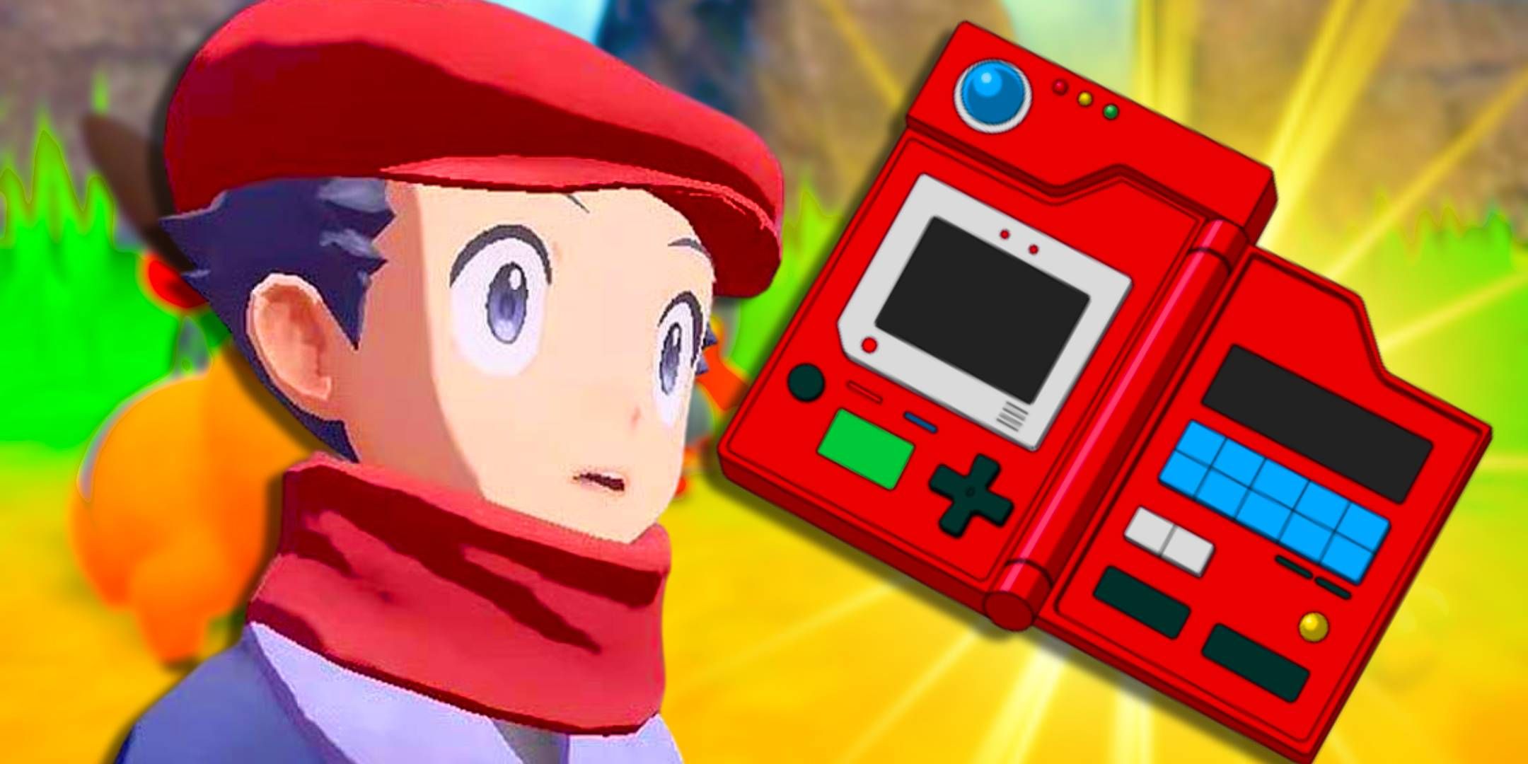 The male trainer from Pokemon Legends Arceus looking shocked at a Pokedex.