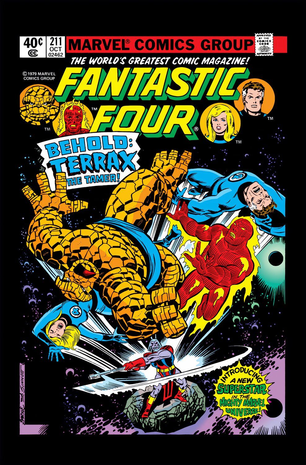 Fantastic Four #211 comic cover with the team getting hit and tossed in space by Terrax
