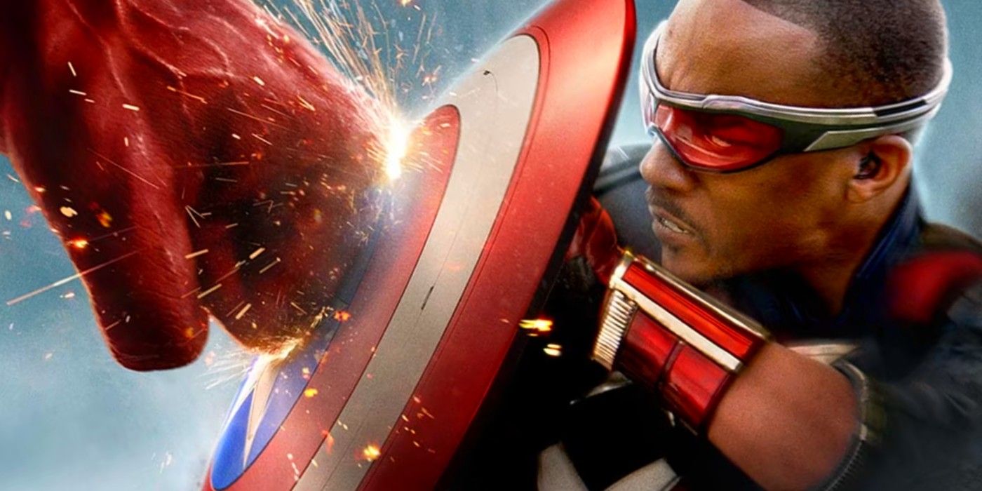 red hulk punching captain america's shield, as sam wilson braces