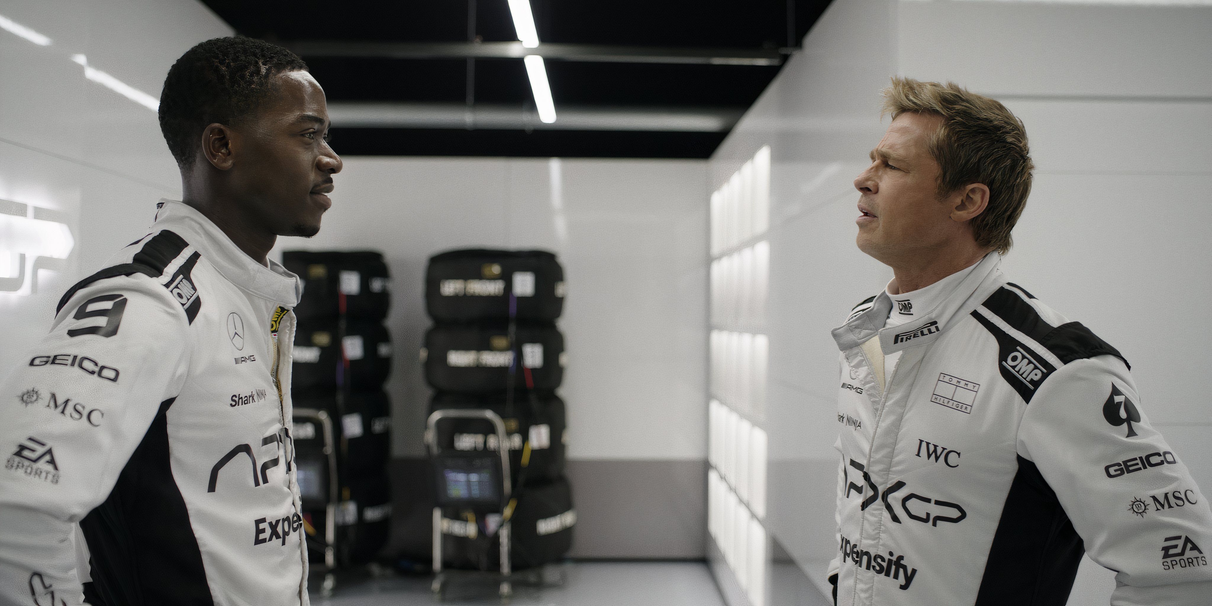 Damson Idris and Brad Pitt facing off in F1: The Movie