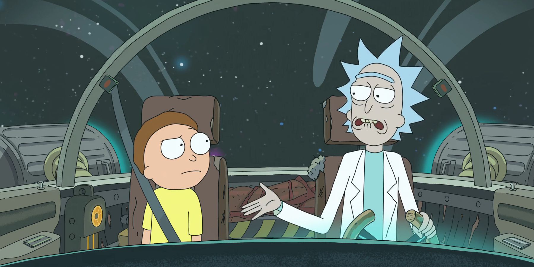 Rick and Morty talking inside Rick's spaceship during season 8, episode 5