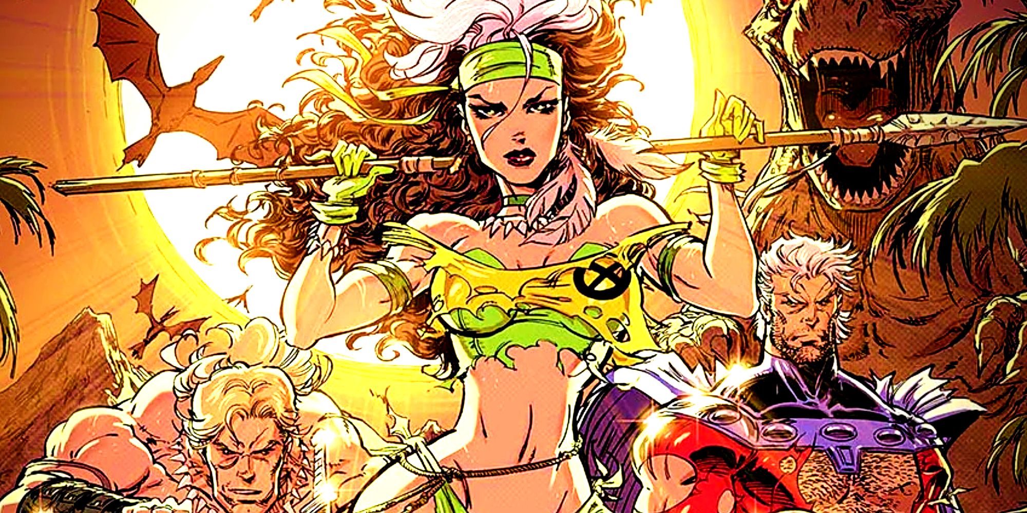 Rogue wields a spear next to Magneto and Ka-Zar in the Savage Land