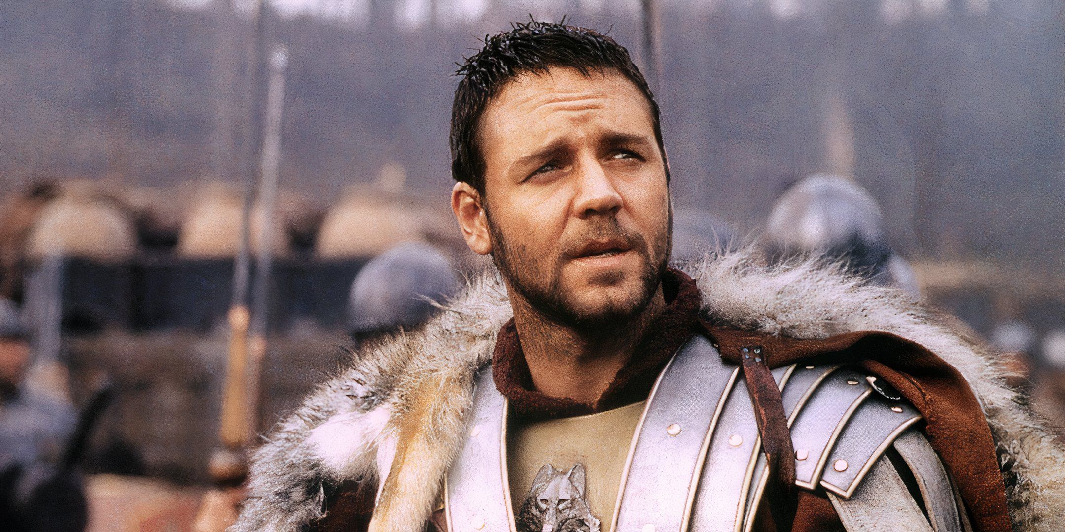 Russell Crowe as Maximus in Gladiator looking determined