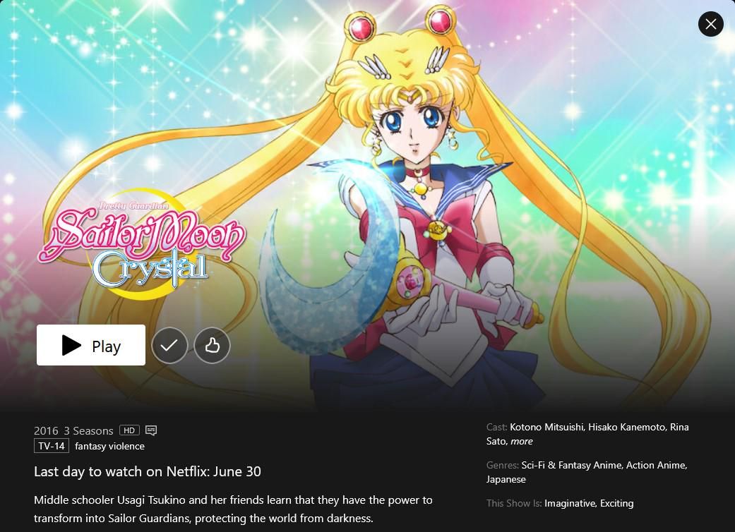 Sailor Moon - Sailor Moon Crystal leaving Netflix July 1 announcement