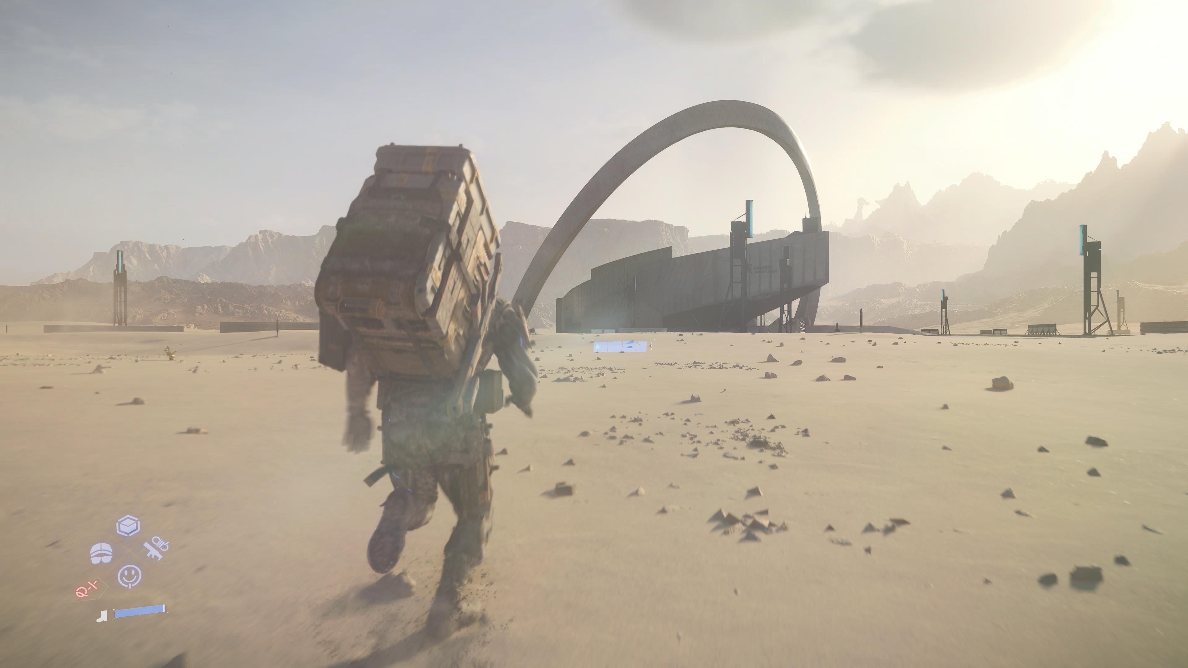 Sam approaching a distribution center in Death Stranding 2.