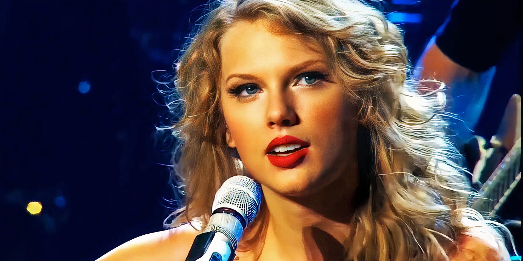 Taylor Swift performs live on her Speak Now Tour, singing into a microphone as she plays her guitar.