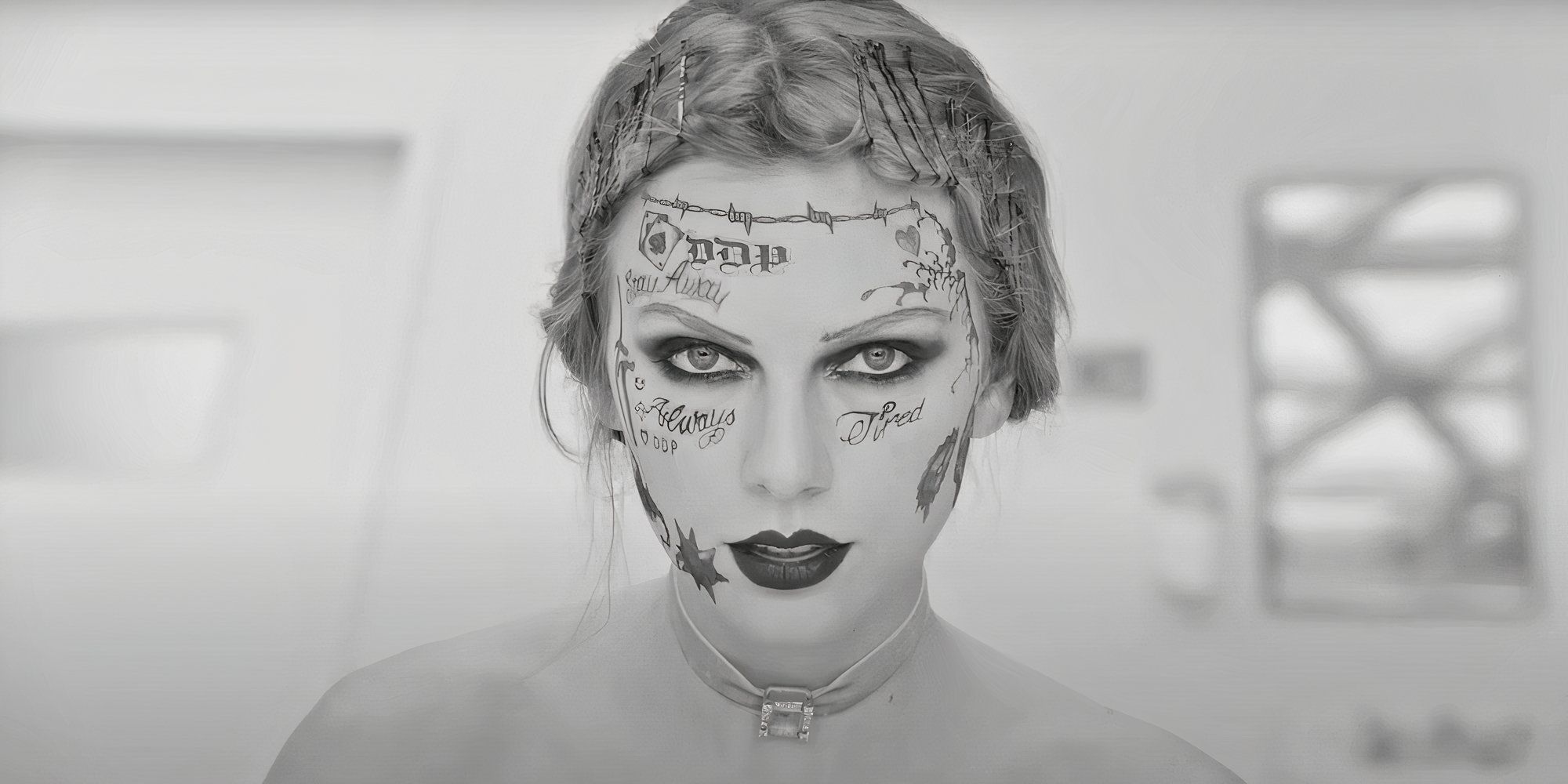 Taylor Swift stares into the camera with Post Malone's face tattoos in the music video for Fortnight.