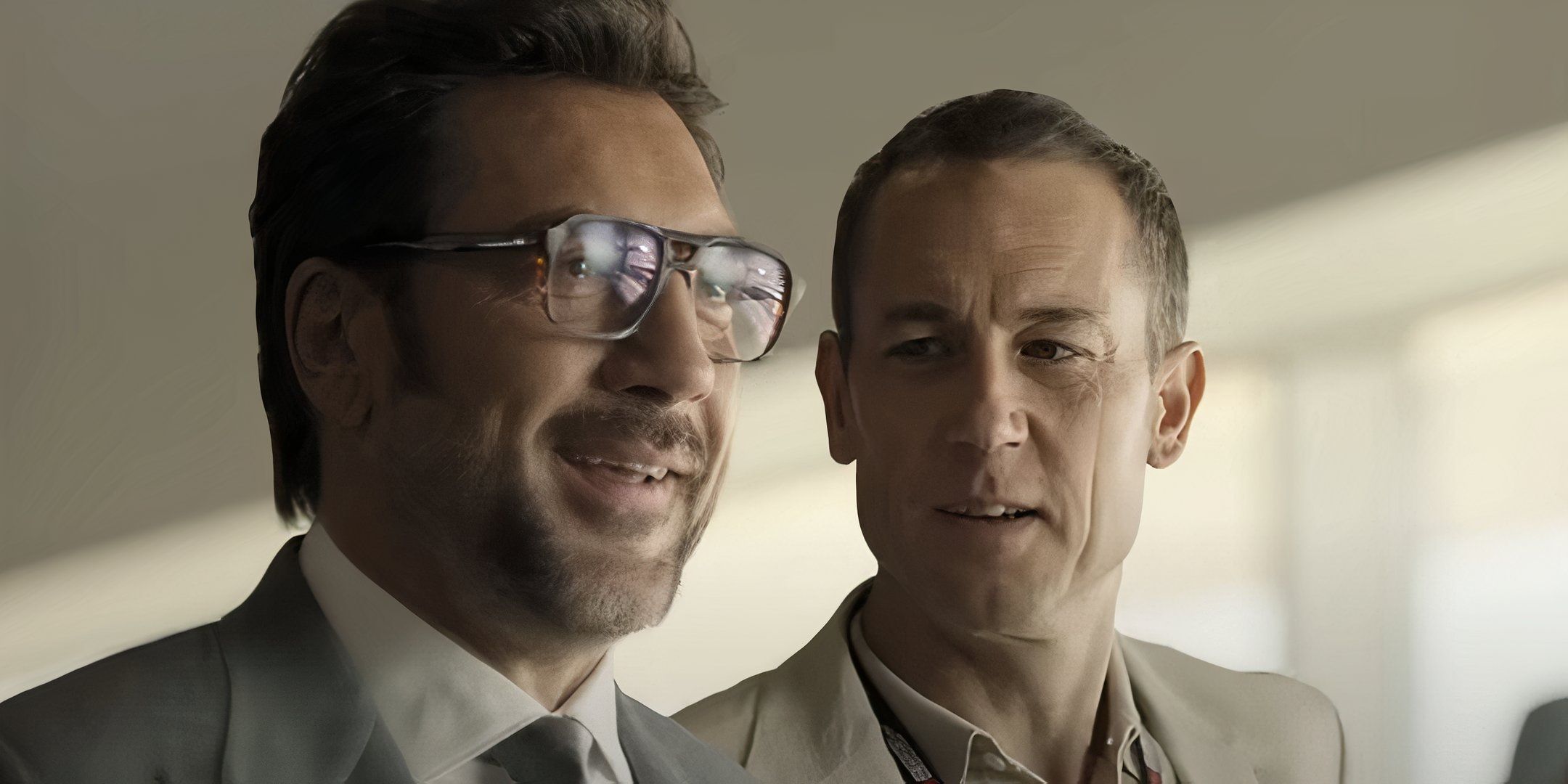 Tobias Menzies and Javier Bardem as Peter Benning and Ruben Cervantes in F1 The Movie