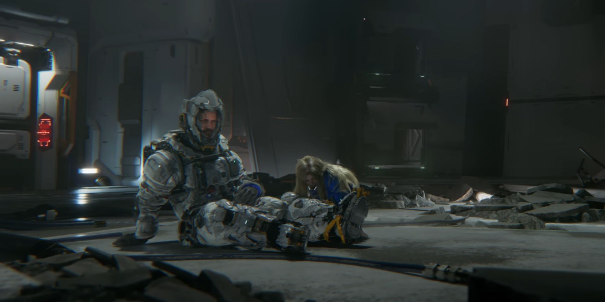 Hugh and Diana sitting on the floor in Pragmata