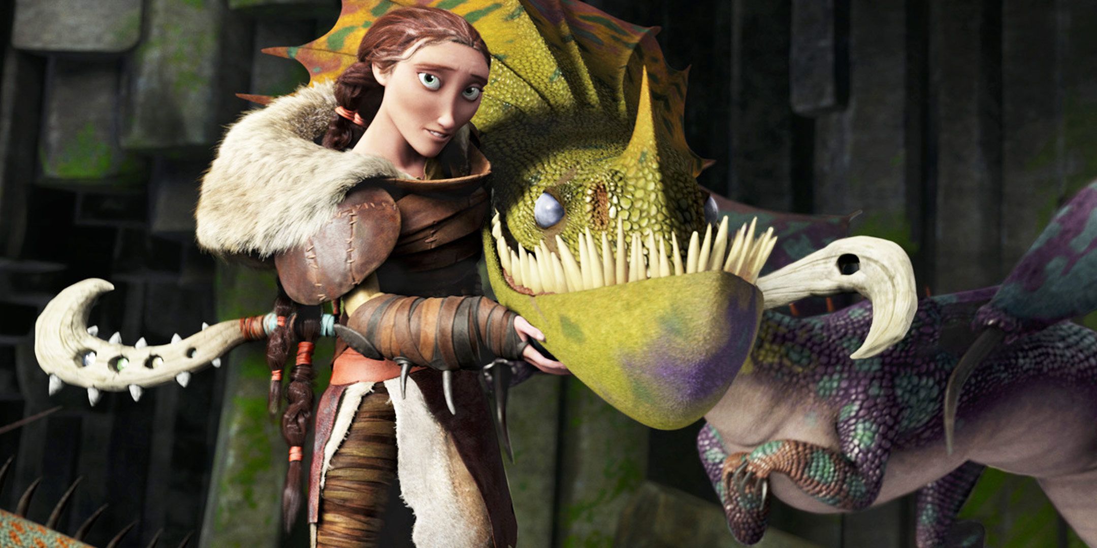 Hiccup's mother, Valka (Cate Blanchett), holding her dragon in How To Train Your Dragon 2