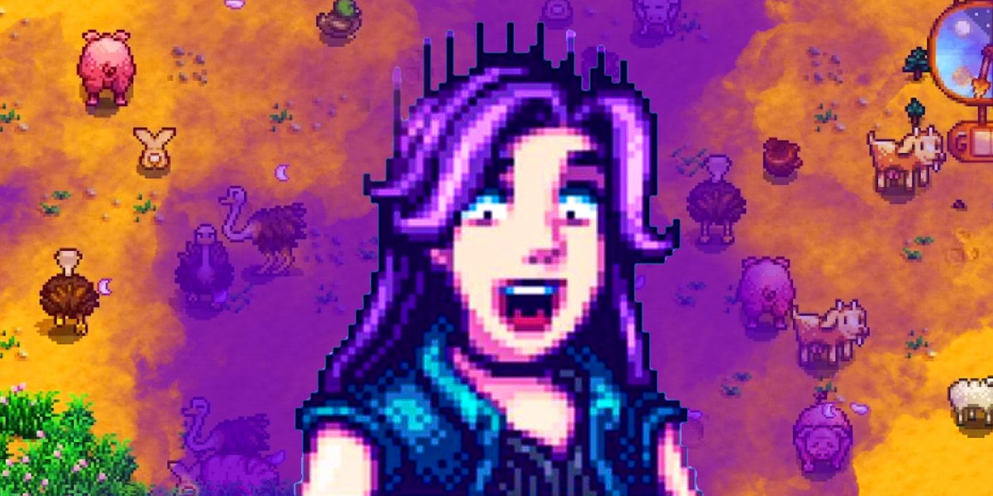 Shocked Abigail from Stardew Valley with some animals