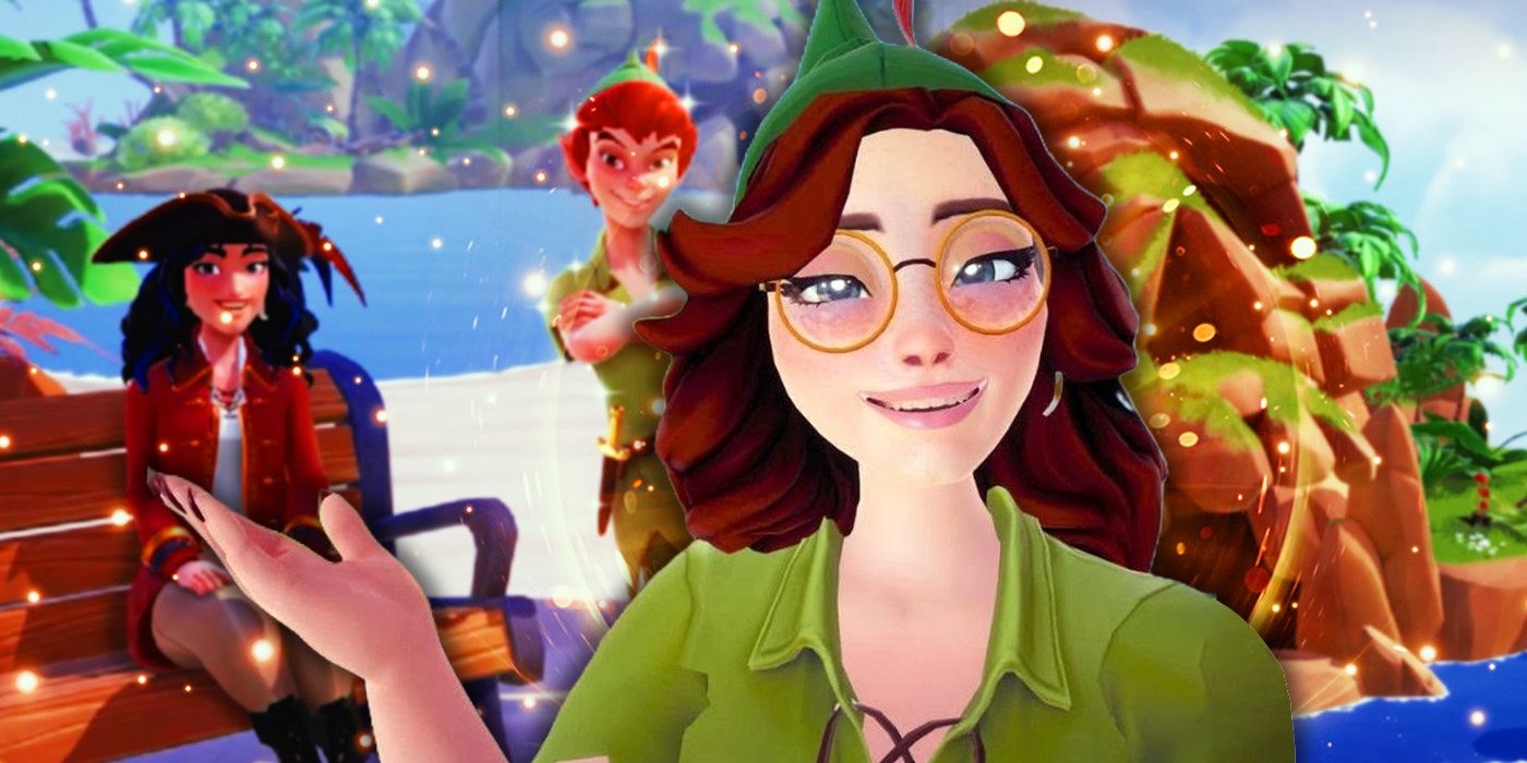 Player wearing peter pan update over a backdrop of Disney Dreamlight Valley's Mystery of Skull Rock update
