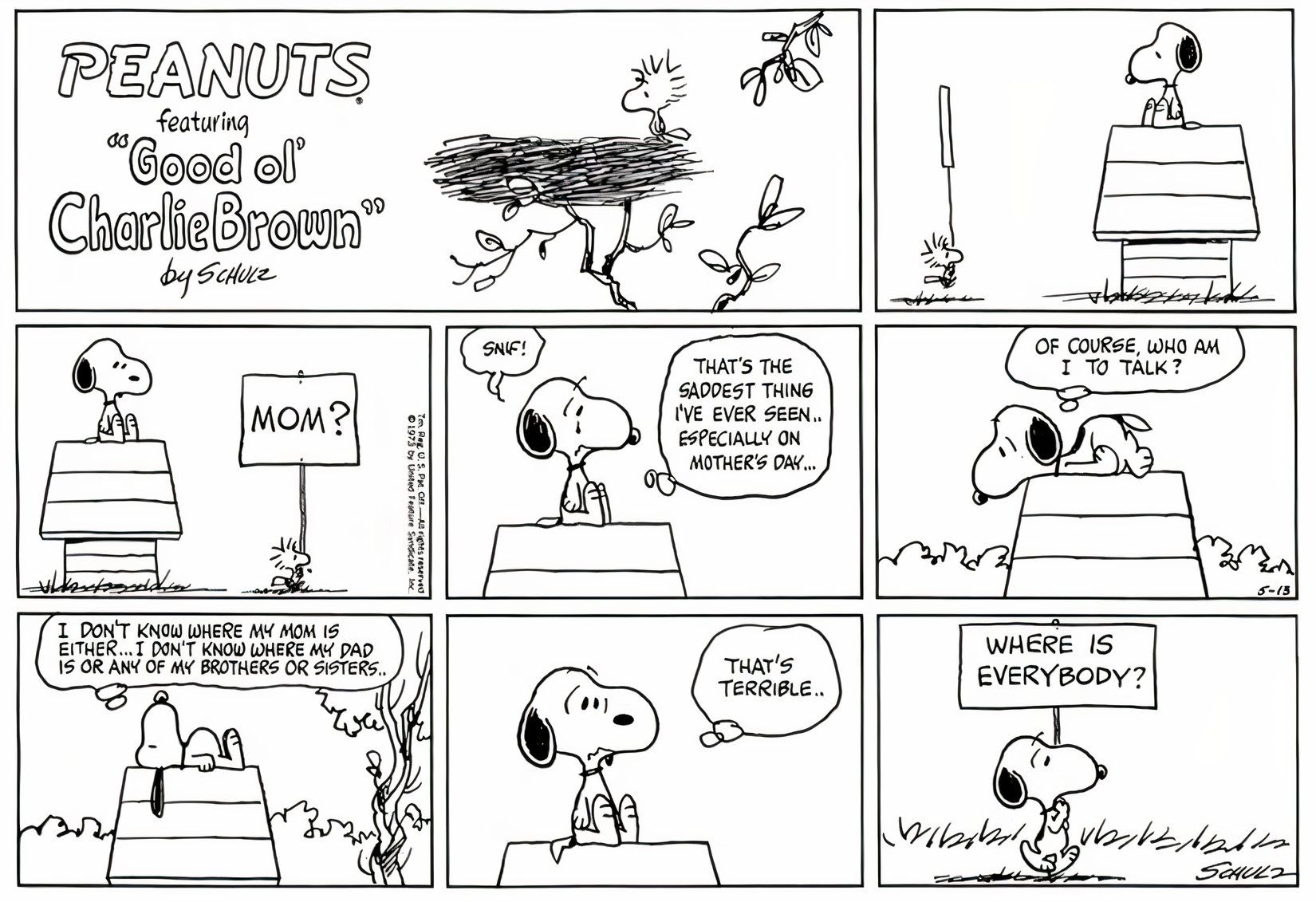 Snoopy che si domanda dove siano tutti i membri della famiglia
