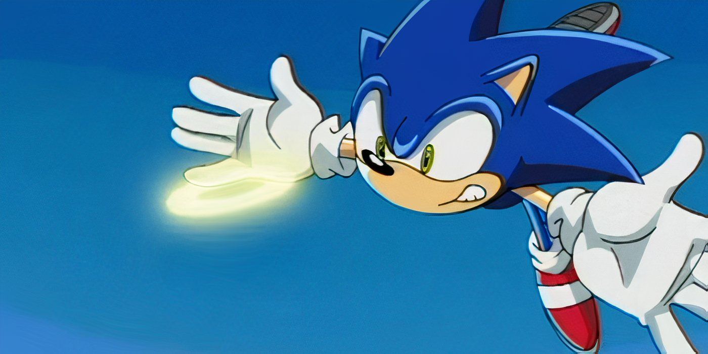 Sonic flying across a blue sky as he chases a ring in Sonic X.