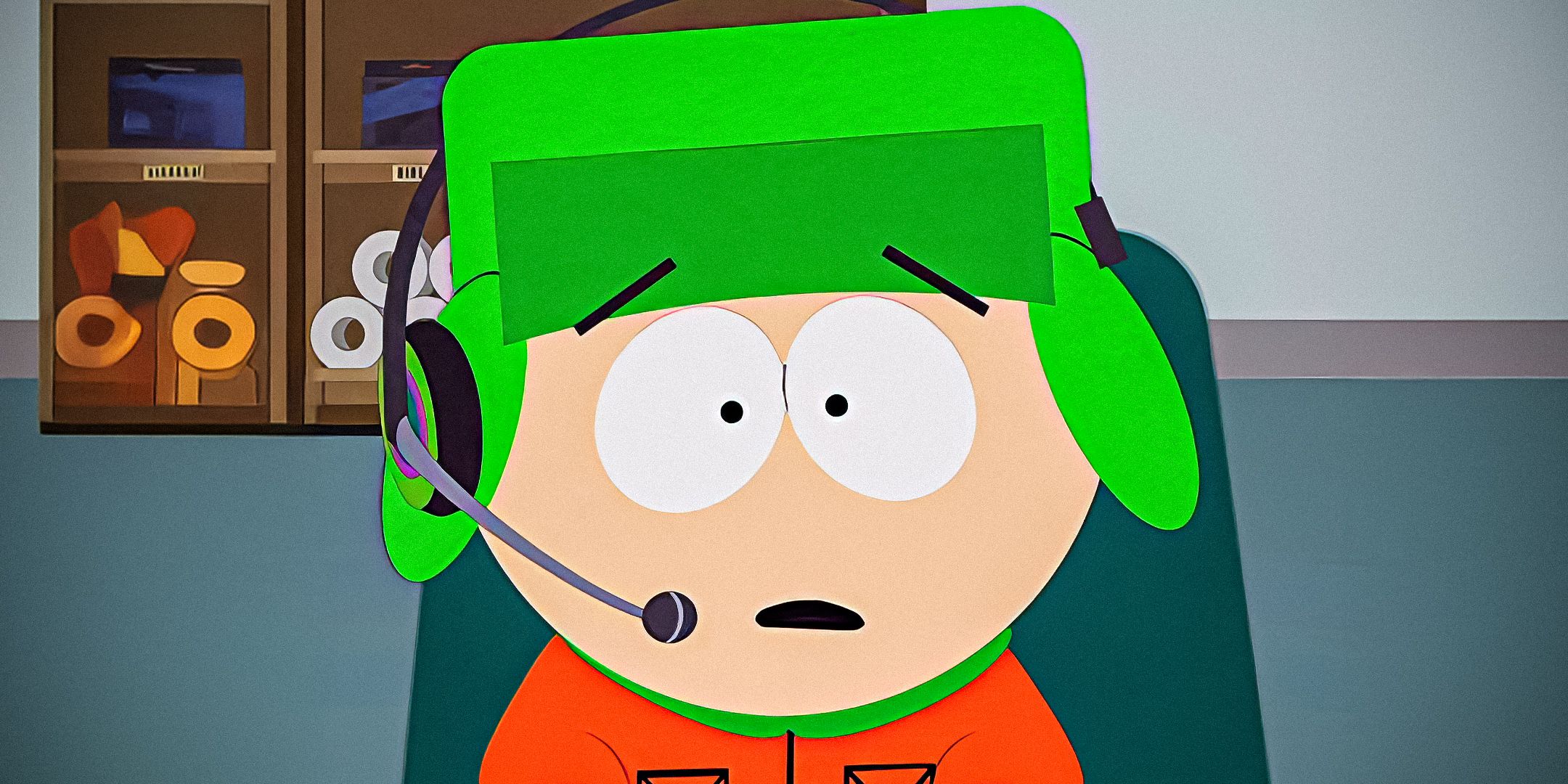 Kyle looking worried while wearing a headset in South Park