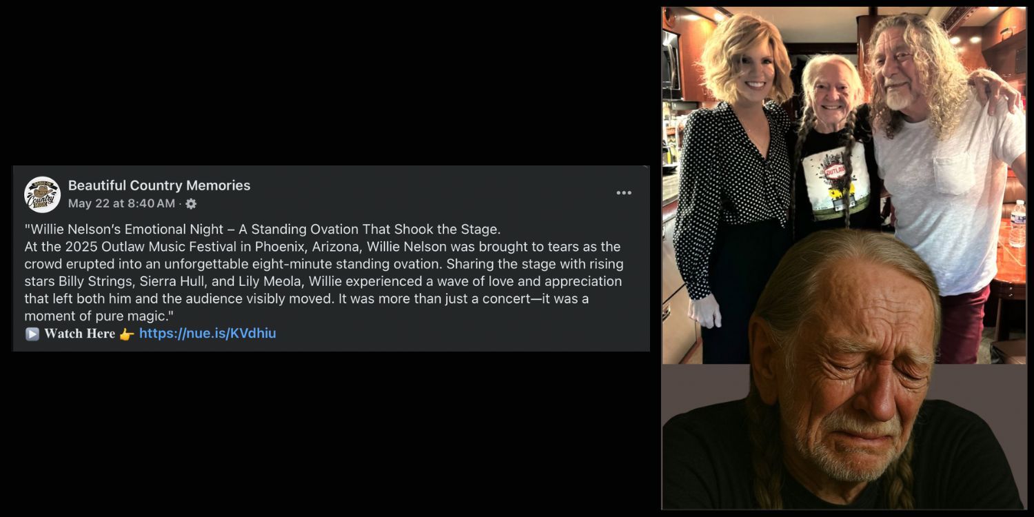 The initial Facebook fakepost about Willie Nelson crying, with AI-generated image of a crying Nelson