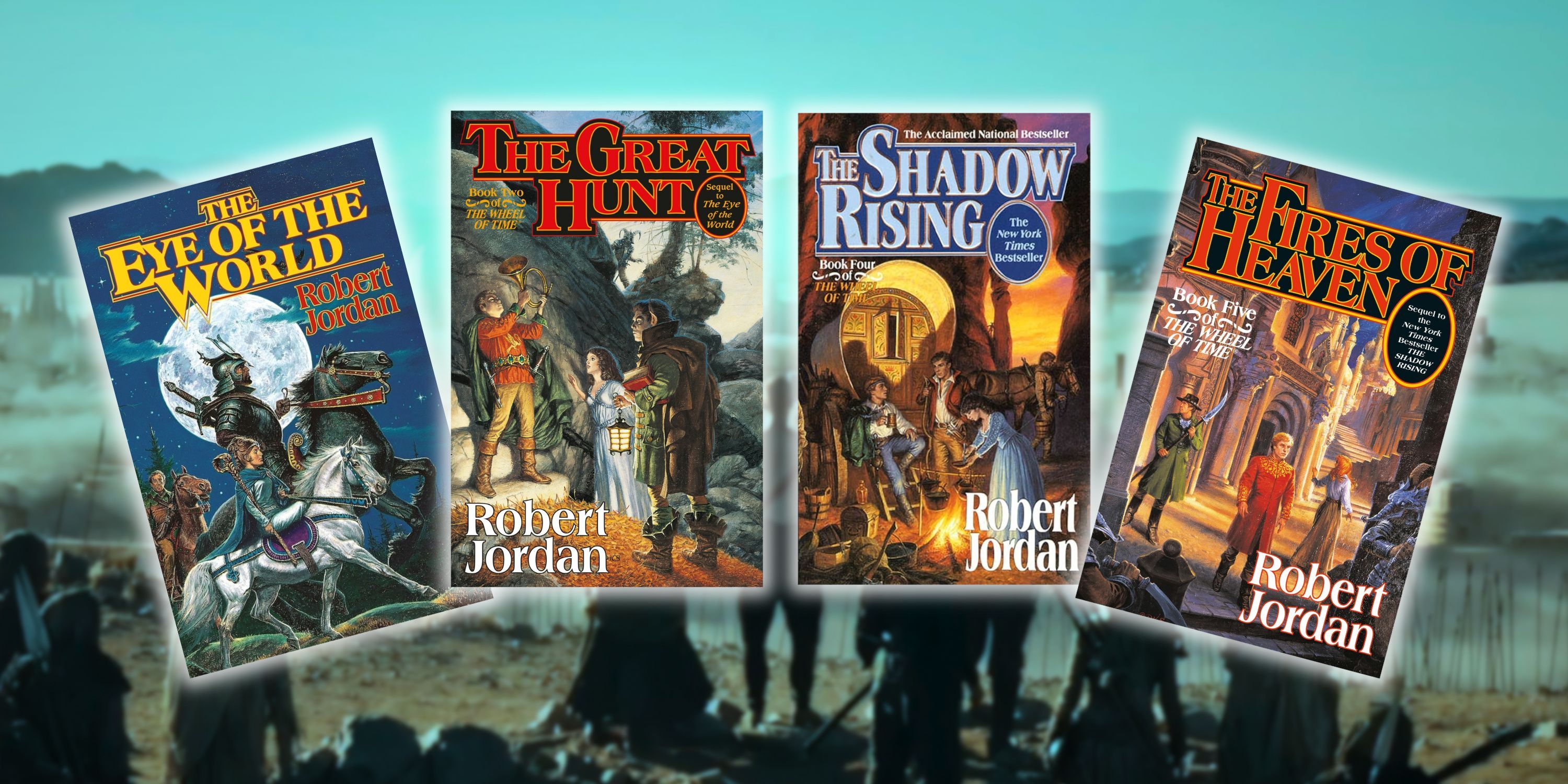 The covers of Eye of the World, The Great Hunt, The Shadow Rising, and The Fires of Heaven, over a vista of Rhuidean from the Wheel of Time Amazon show