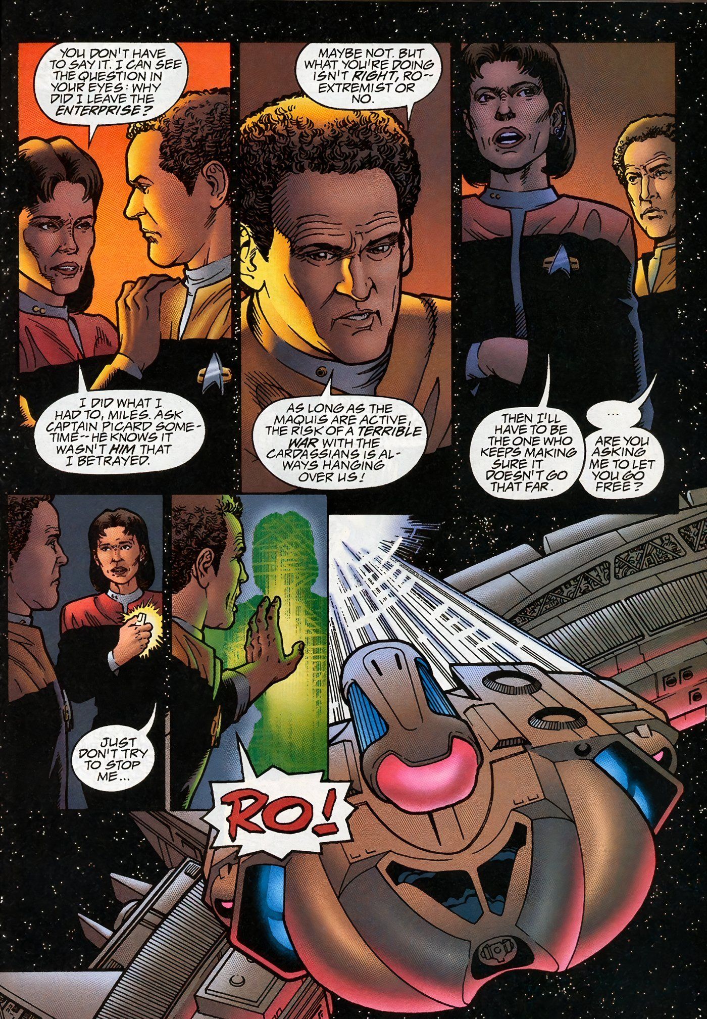 Six panels of Chief O'Brien and Ensign Ro Laren talking