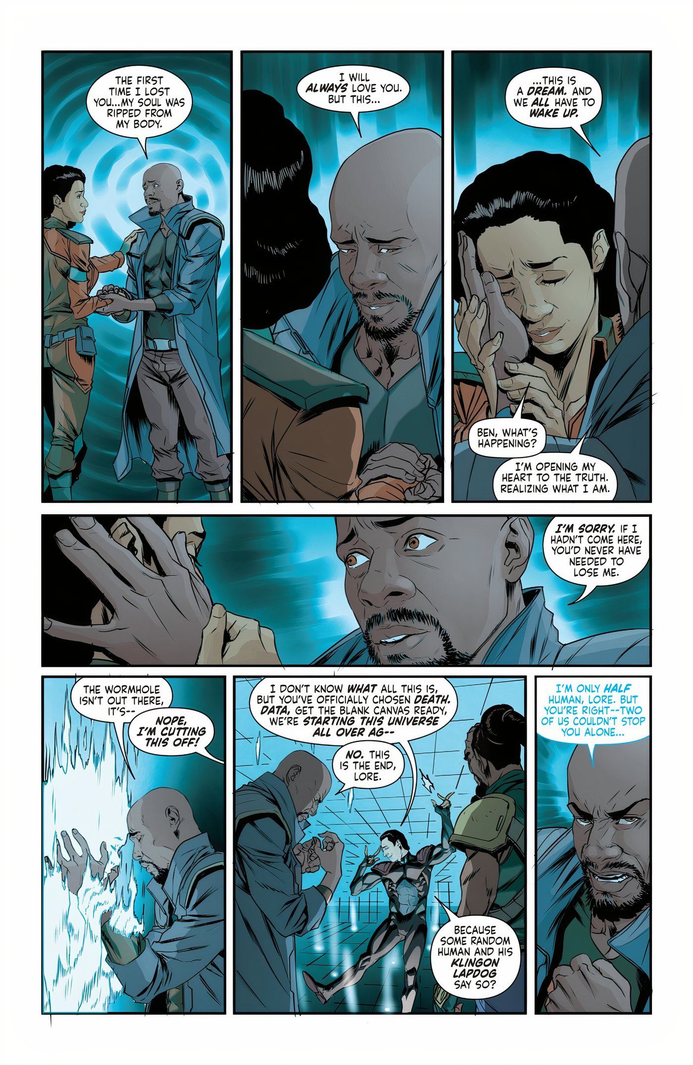 Seven panels of Sisko talking to his family