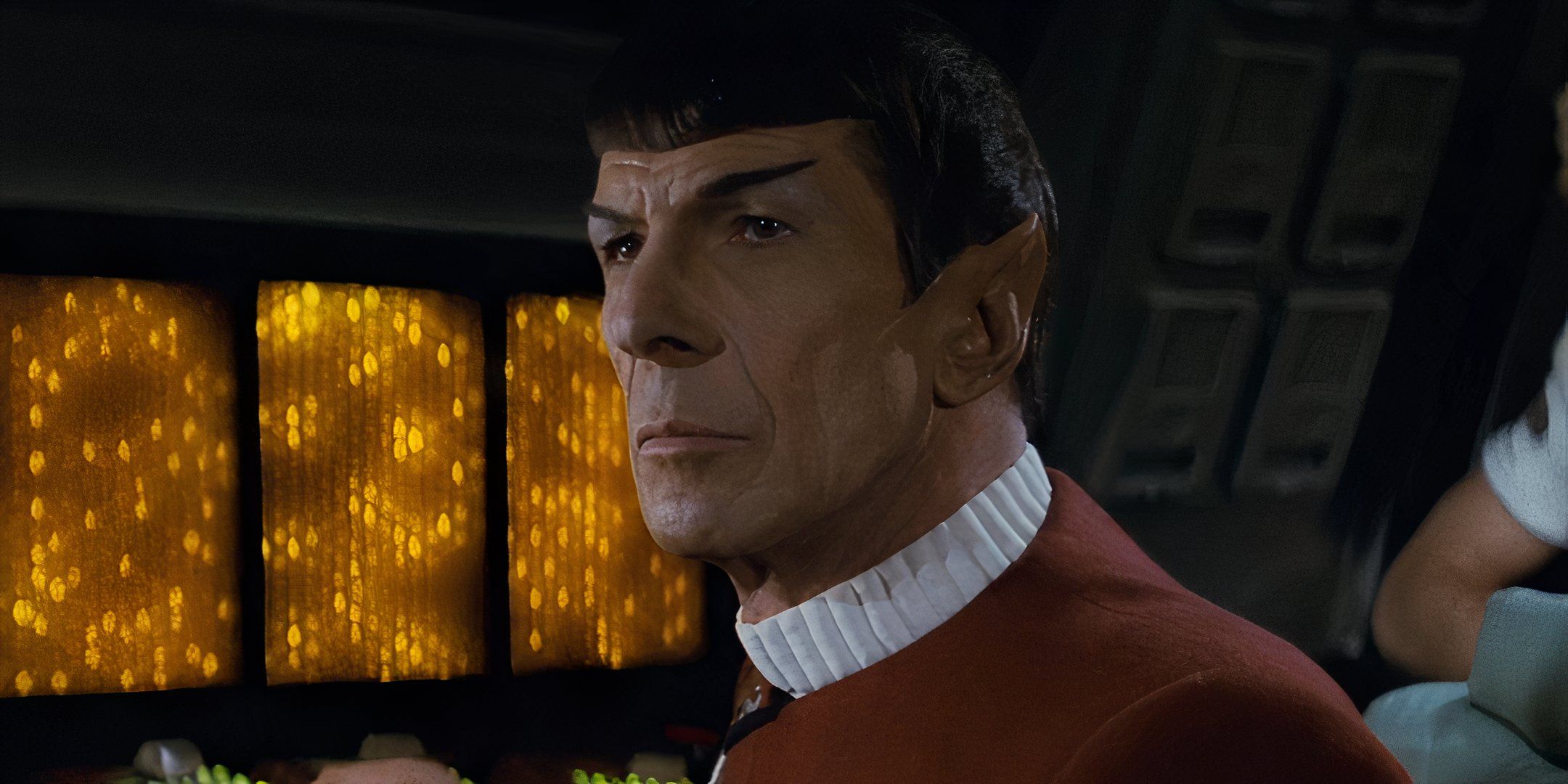 Spock looks up from the console blankly in Star Trek II: The Wrath of Khan
