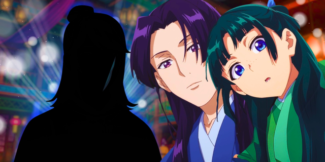 The Apothecary Diaries - Jinshi and Maomao looking surprised next to an outline of Rikuson