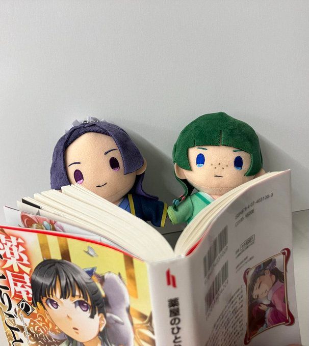 The Apothecary Diaries - Jinshi and Maomao plushies holding hands and reading The Apothecary Diaries light novel volume 4