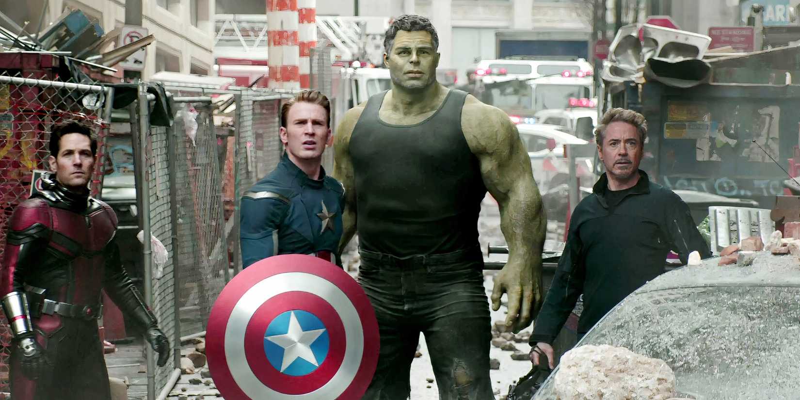 The Avengers look on as Hulk rampages in the Time Heist in Avengers Endgame