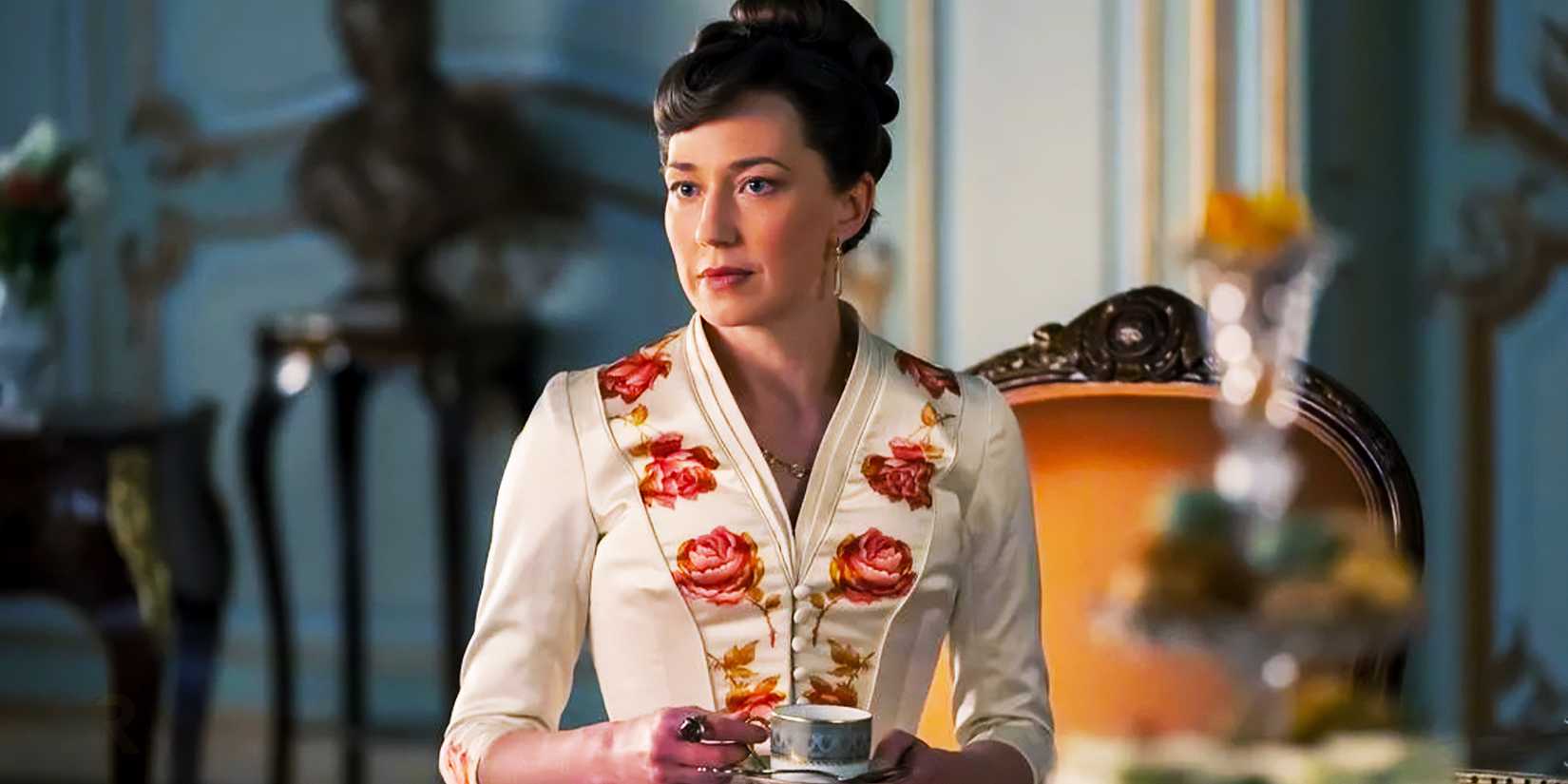 The Gilded Age Bertha Russell looking stern and drinking tea