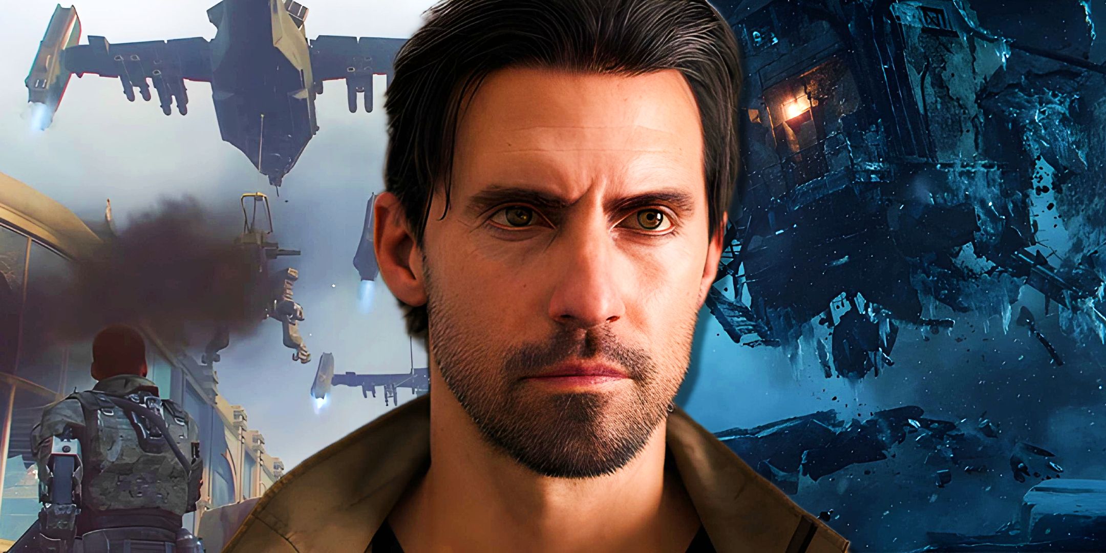 The protagonist of Black Ops 7 with two futuristic settings from the game.