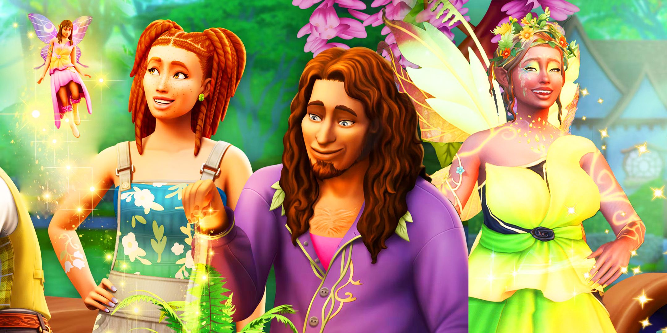 3 Sims from The Sims 4 Enchanted By Nature Pack. One Fairy wearing a green dress and smiling, one man in the middle sprinkling something onto a plant, and one girl on the left looking at a small floating fairy.