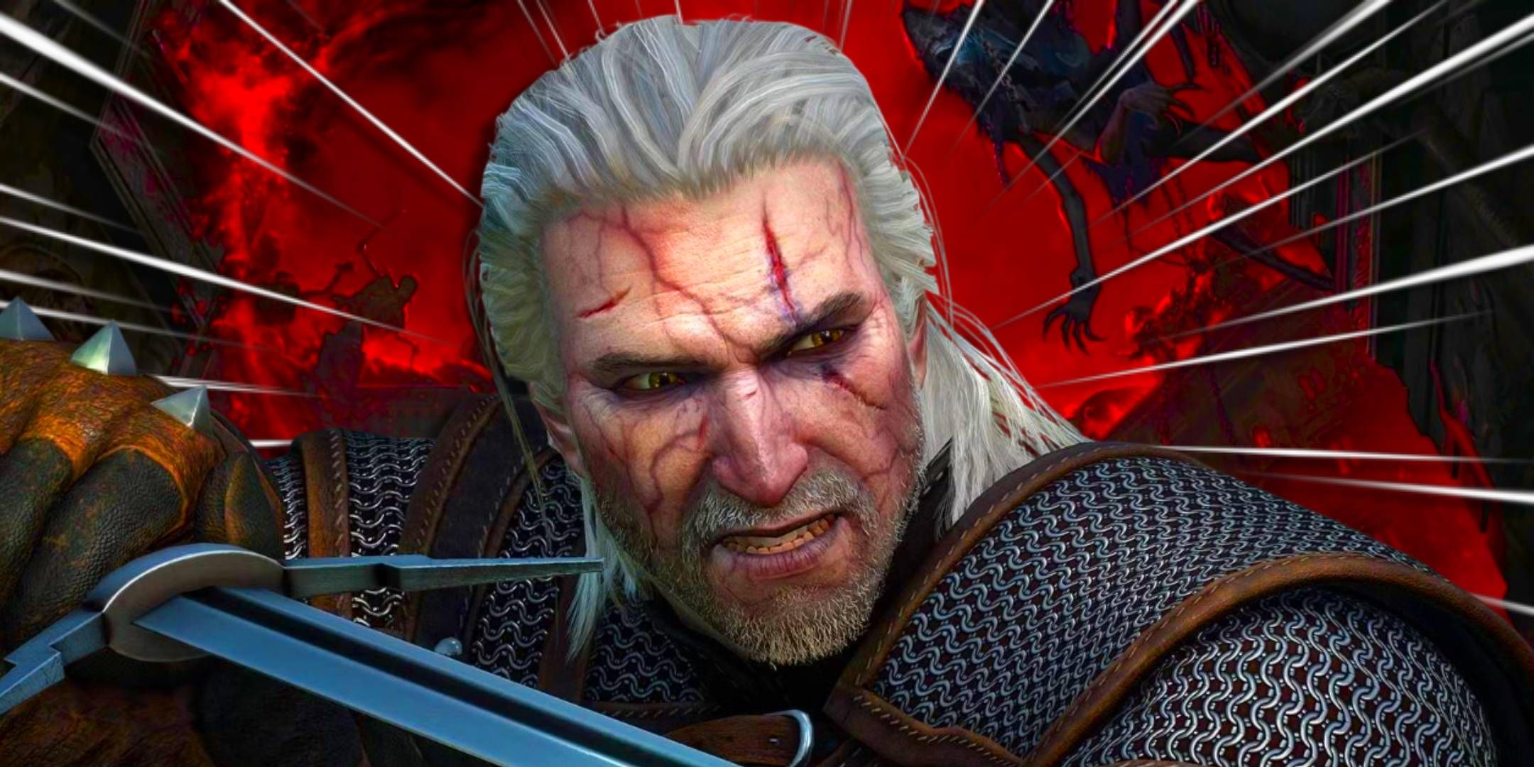 Geralt covered in scars holding a sword in The Witcher 3.