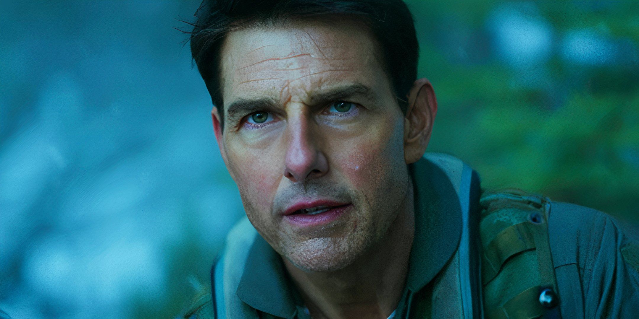 Tom Cruise looking serious as Maverick in Top Gun Maverick