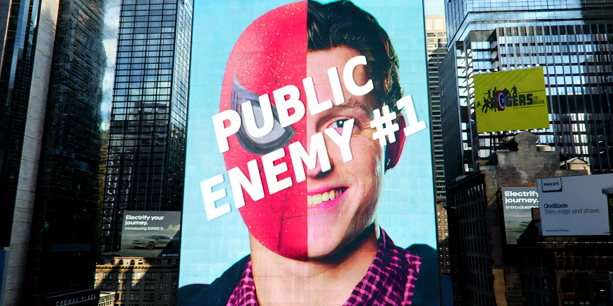Tom Holland Spider-Man Public Enemy Number 1 billboard in No Way Home